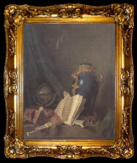 framed  Henri-Horace Roland de La Porte Still Life with a Vase of Lapis a Globe and Bagpipes (san 05), ta009-2